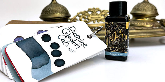 diamine_celadon_cat_30_ml_ink_bottle_and_ink_swatch
