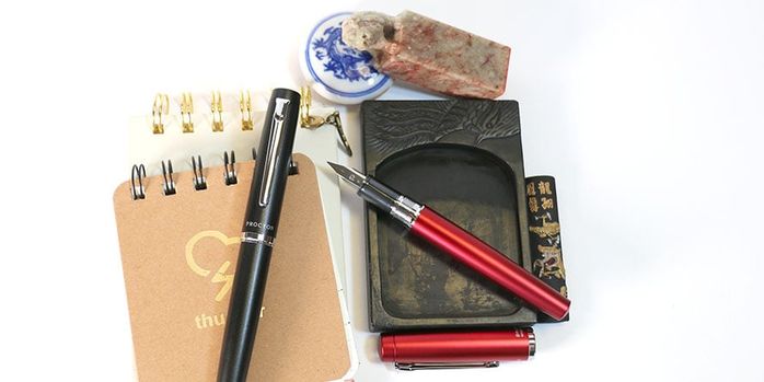 platinum_procyon_shadow_mica_and_carmine_red_fountain_pens_with_antique_japanese_stamp