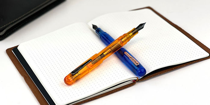 conklin_all_american__special_edition_orange_demo_and_blue_demo_fountain_pens_posted