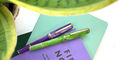 esterbrook_jr_pocket_paradise_fountain_pens_purple_passion_and_key_lime_through_green_leaves