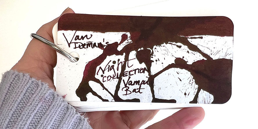 Van Diemans Ink Night Collection (30ml) Fountain Pen Ink van_diemans_night_collection_vampire_bat_ink_swatch_and_writing_sample_on_col_o_ring