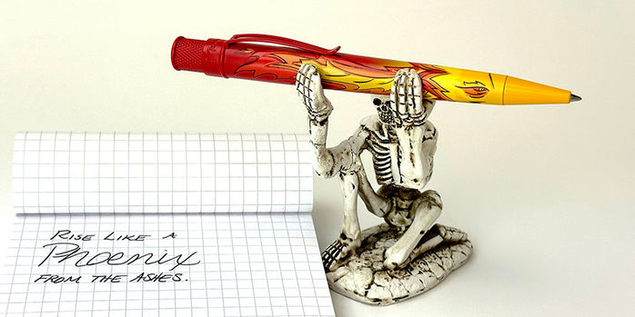 retro_51_exclusive_rise_of_the_phoenix_tornado_rollerball_with_forevermore_skeleton_pen_holder_and_writing_sample
