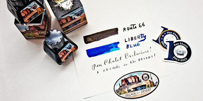 van_diemans_decade_in_the_desert_ink_bottles_with_liberty_blue_and_route_66_ink_swatches