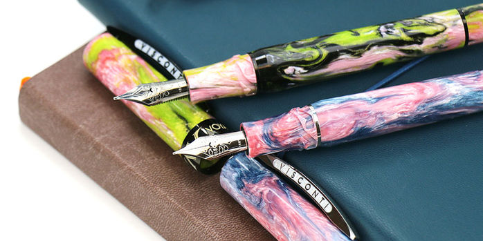 visconti_voyager_mariposa_fountain_pens_uncapped_showing_brooks_resin