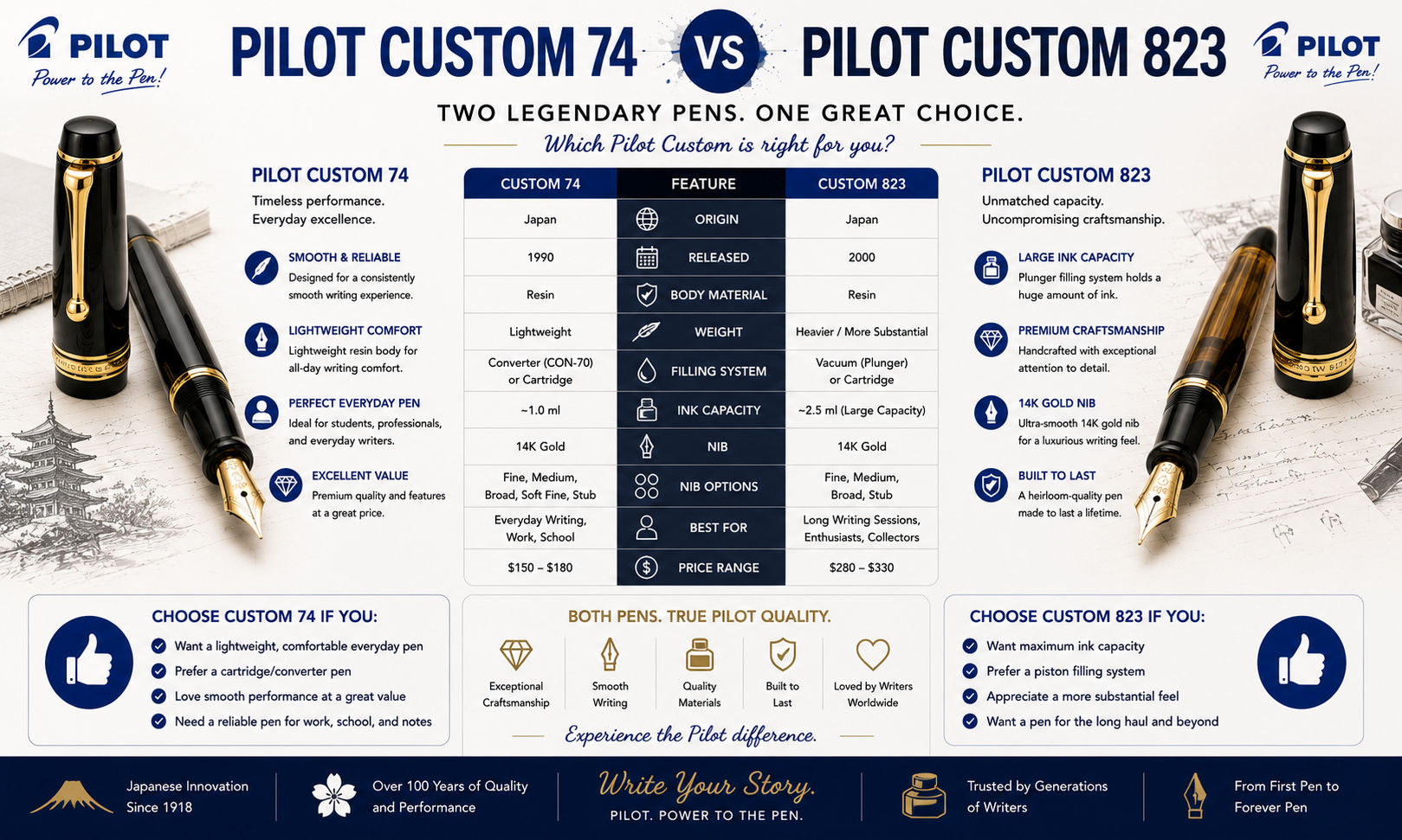 Pilot Custom 74 vs Pilot Custom 823 Fountain Pen: Which Pilot Gold Nib Pen Is Better? image
