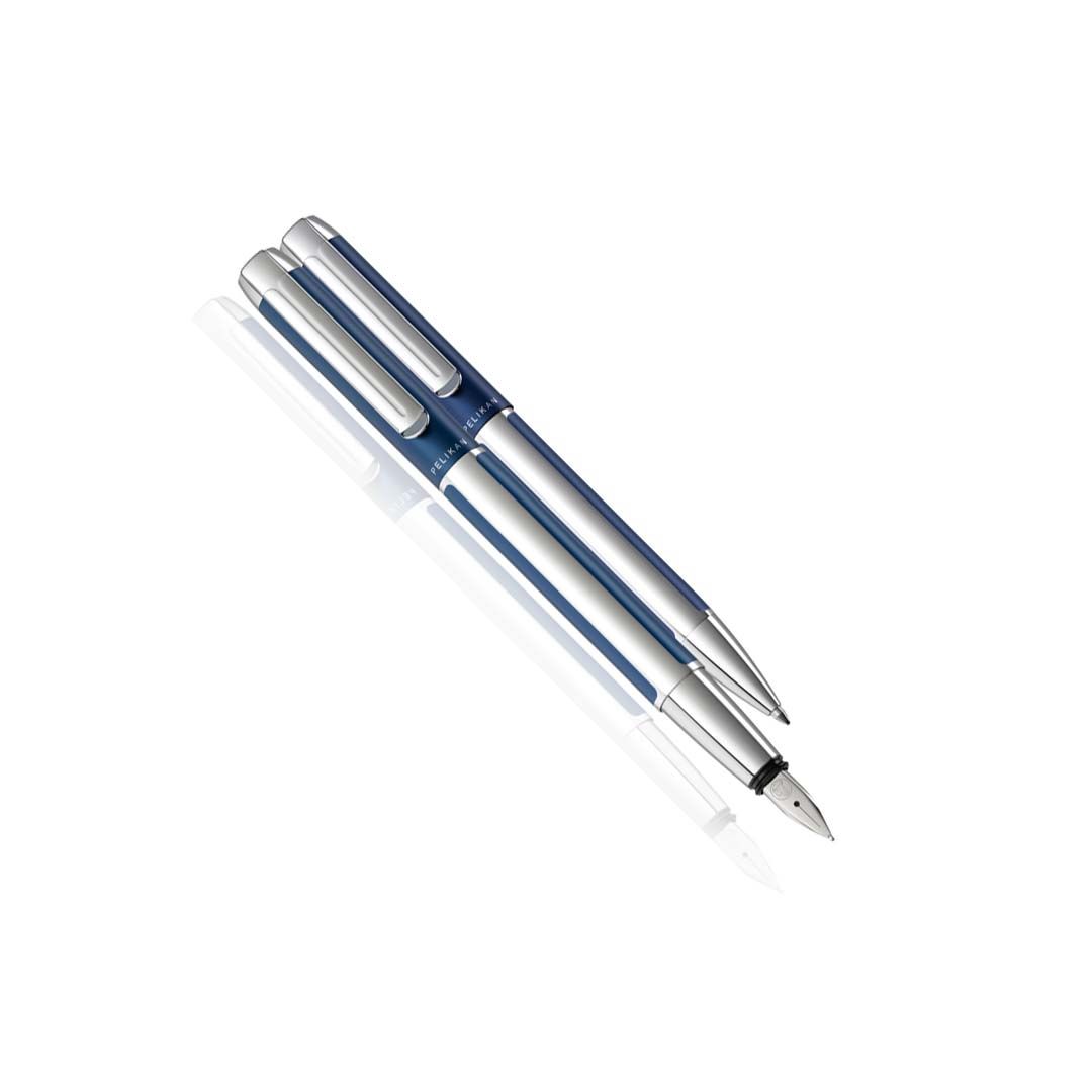Pelikan P40 Pura ブルー&シルバー万年筆 スチール F Pelikan Pura K40 + P40 Set Ballpoint & Fountain Pens